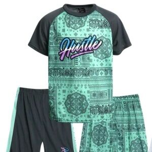 QUAD SEVEN 3-piece Matching Bandana Print, Boys size 16/18, Green Gray